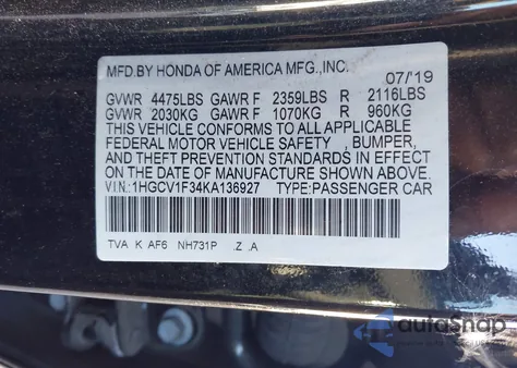 2019 Honda Accord Sport from USA, damaged, VIN 1HGCV1F34KA136927